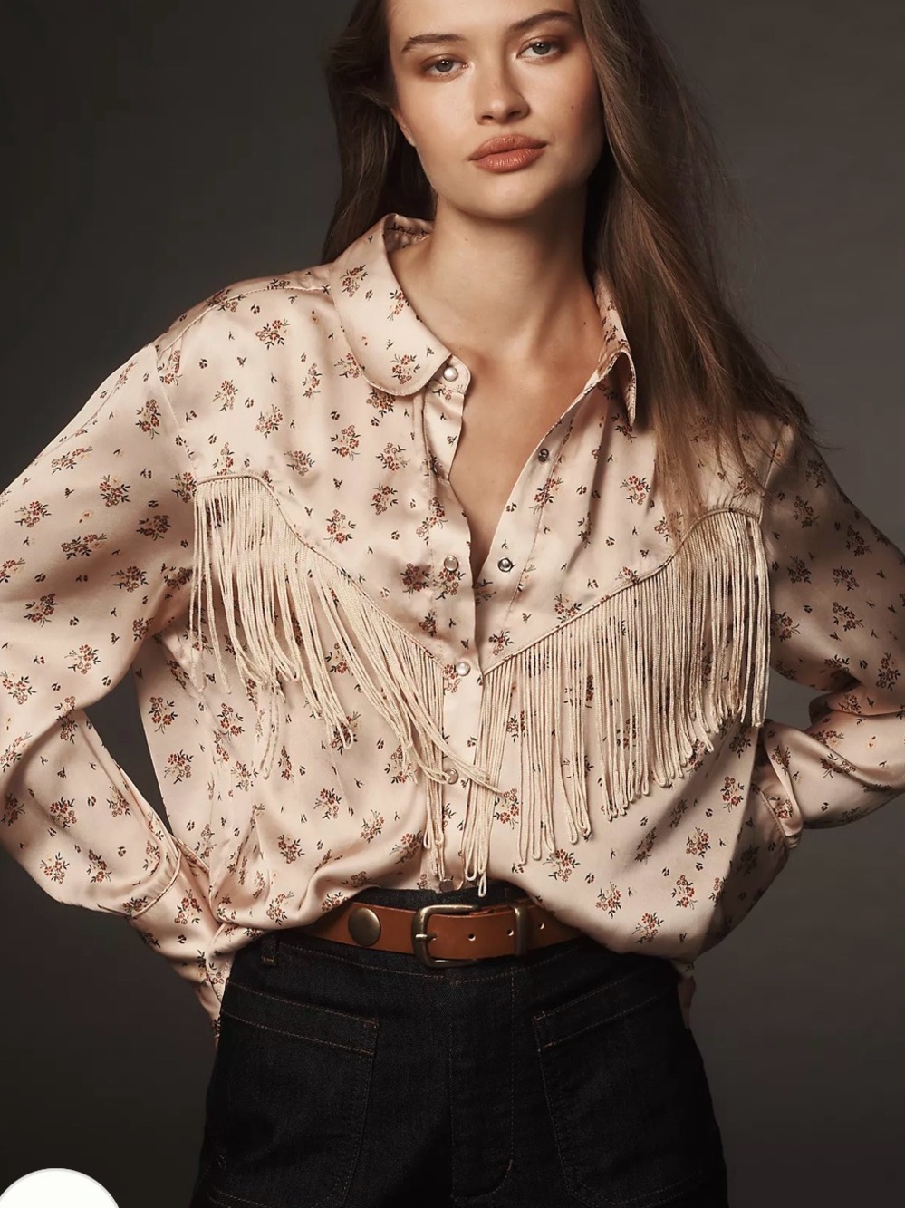 NWT Anthropologie Let Me Be Fringe Denim Buttondown Western Shirt Size XS